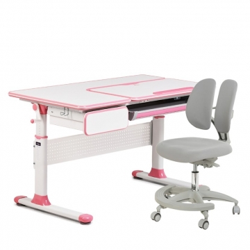 Растущий стол и стул для школьников Toru Cubby розовая и кресло серое Primo Fundesk
